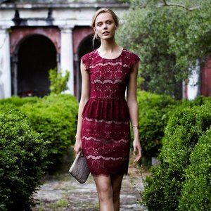 Deep red lace peplum waist dress szM